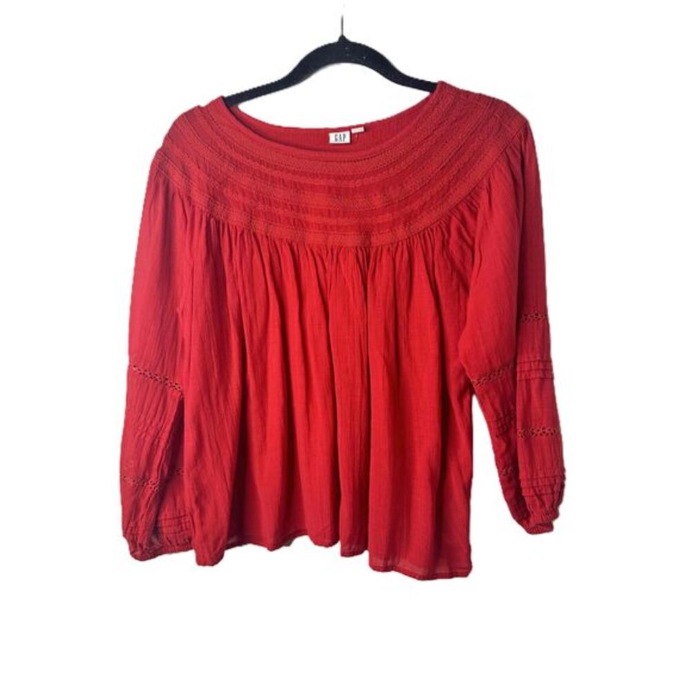 GAP Blouse Womens Size Medium Petite Red Peasant Long Sleeve Embroidered Cropped